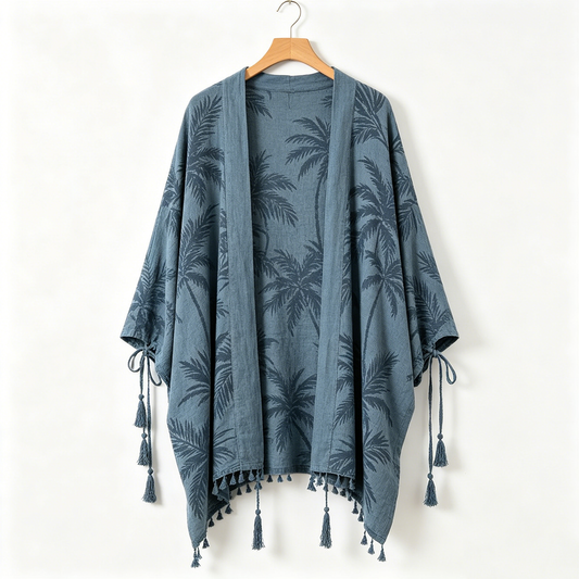 Slate Palm Print Tassel Kimono