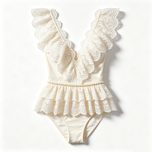Ivory Lace Ruffle Peplum Swimsuit