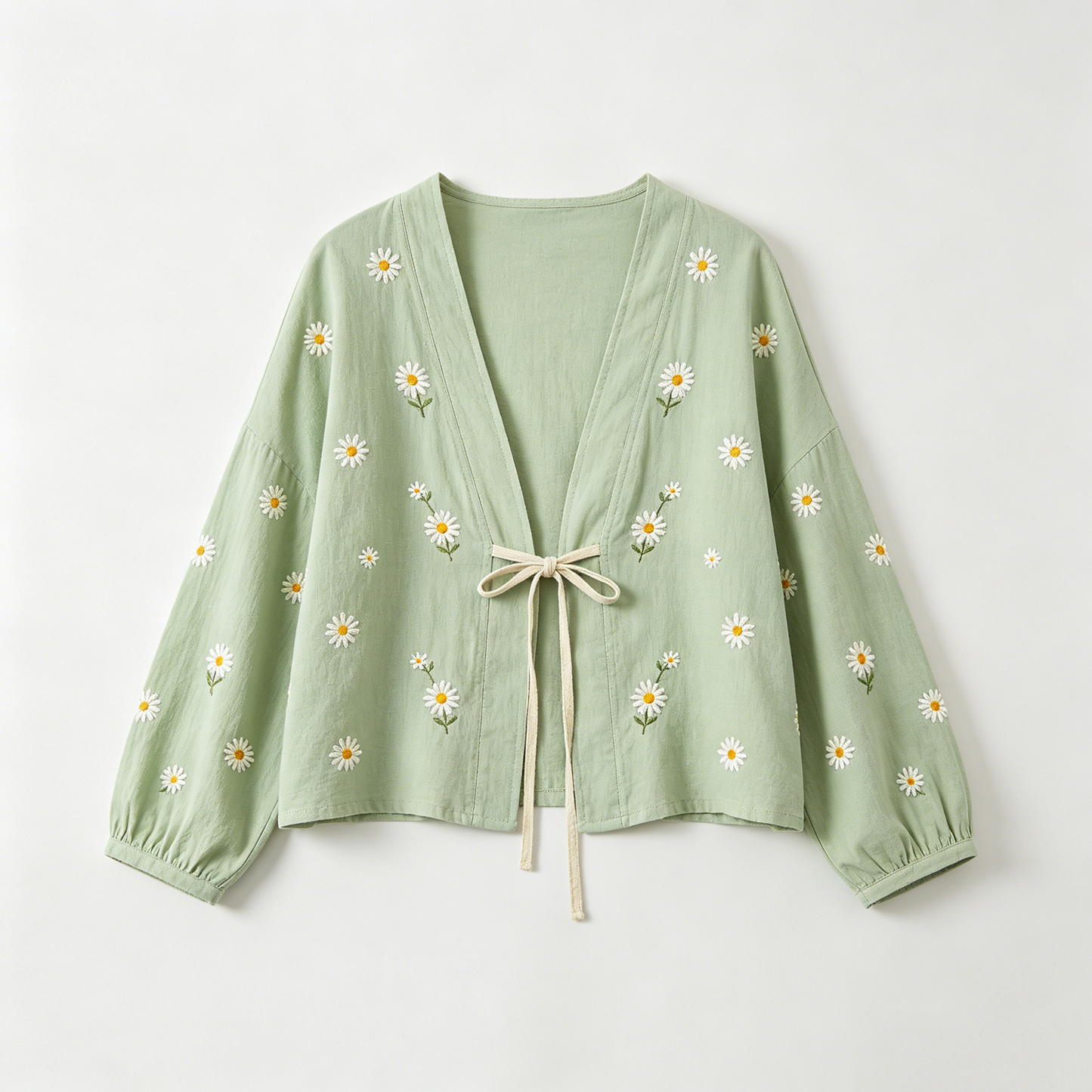 Sage Daisy Embroidered Tie-Front Top