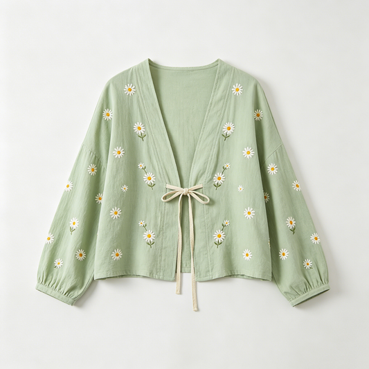 Sage Daisy Embroidered Tie-Front Top