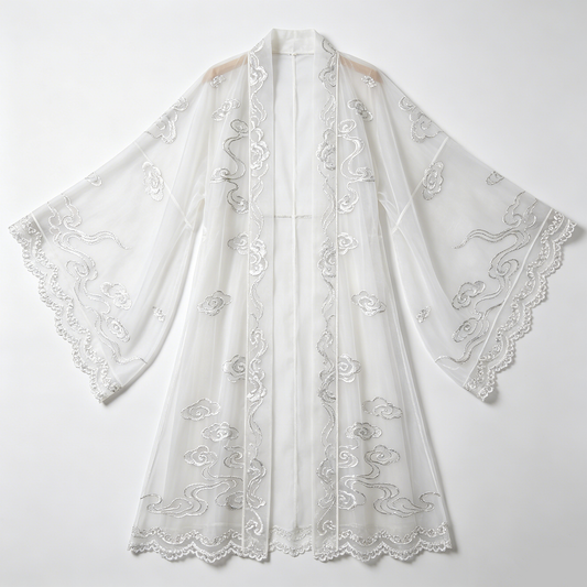 White Cloud Embroidered Wide-Sleeve Kimono