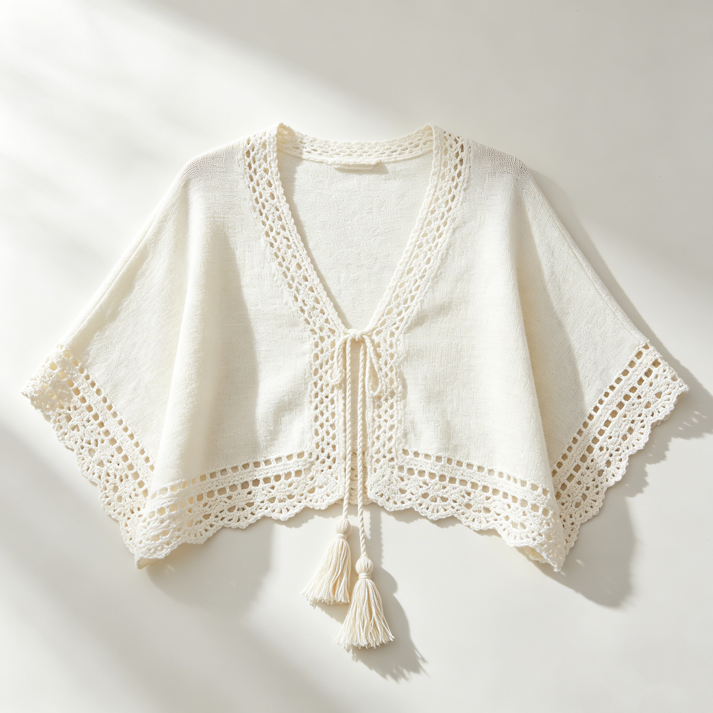 Cream Crochet Tassel Shrug