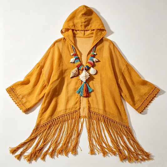 Mustard Tassel Hooded Beach Cover