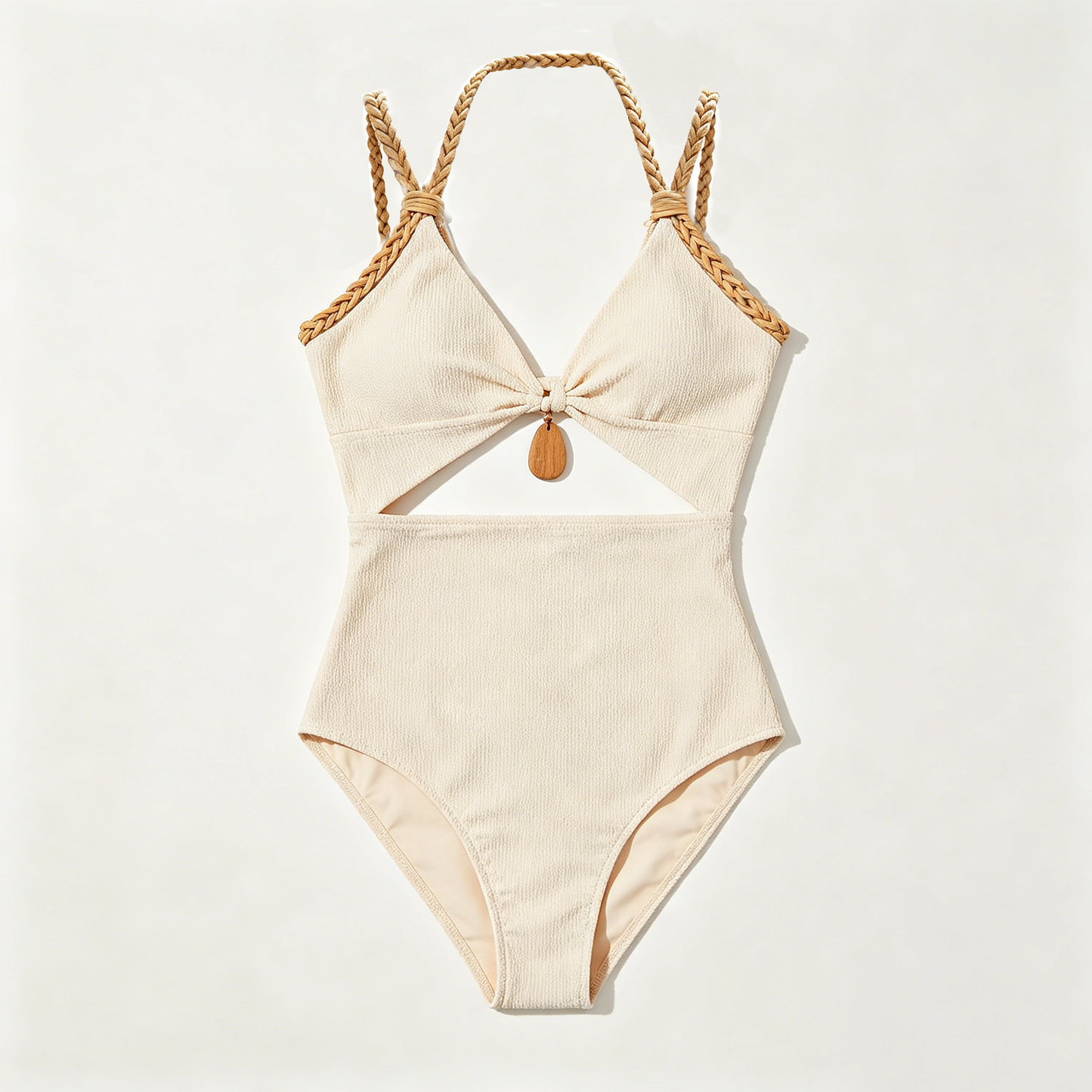Cream Woven Halter Cutout Swimsuit