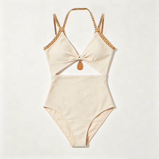 Cream Woven Halter Cutout Swimsuit