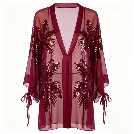 Wine Red Palm Sequin Kimono