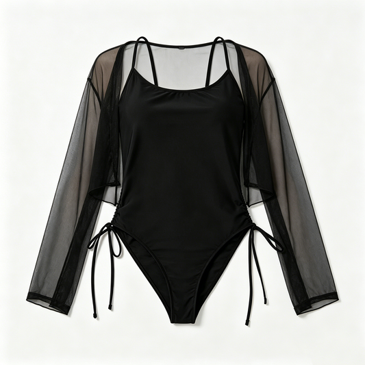 Black Tie-Front Swimsuit with Sheer Cover-Up