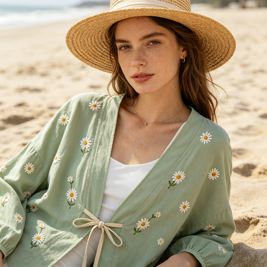 Sage Daisy Embroidered Tie-Front Top