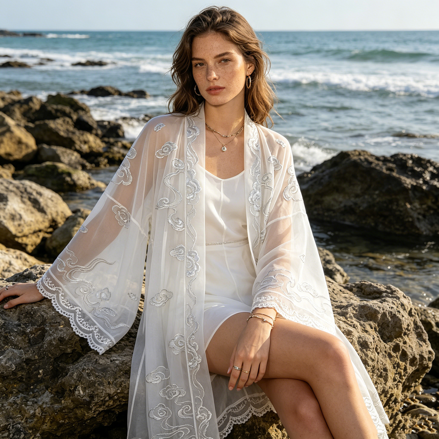 White Cloud Embroidered Wide-Sleeve Kimono
