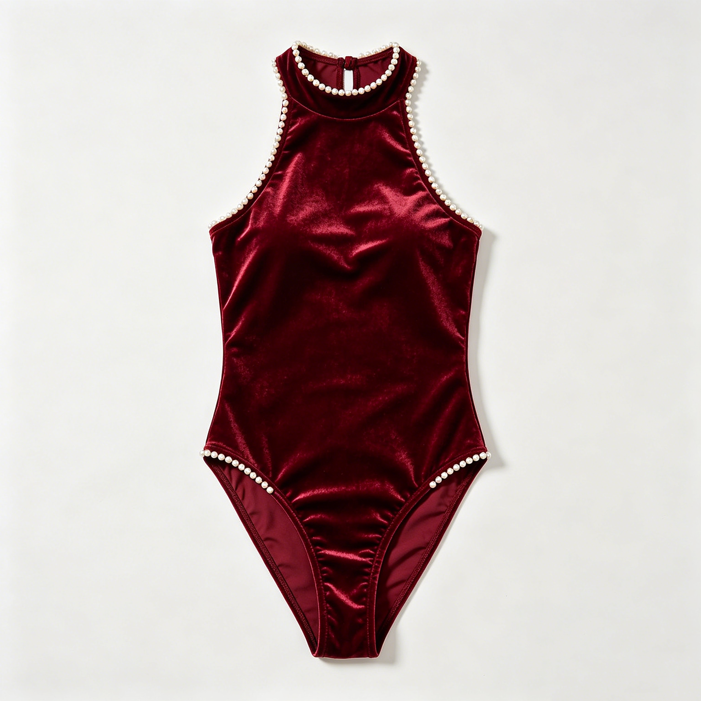Burgundy Velvet Pearl Halter Swimsuit