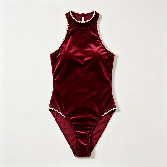 Burgundy Velvet Pearl Halter Swimsuit