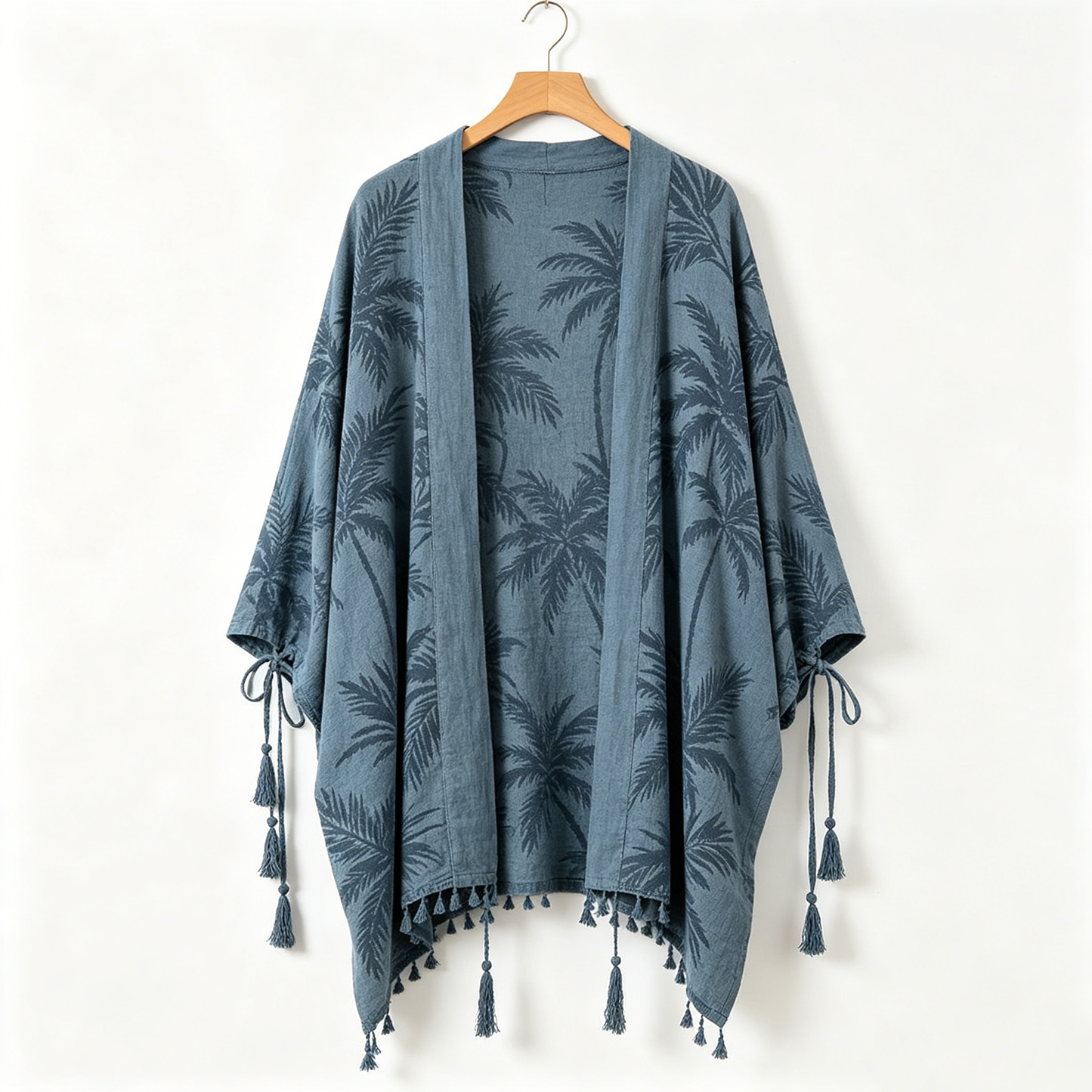 Slate Palm Print Tassel Kimono