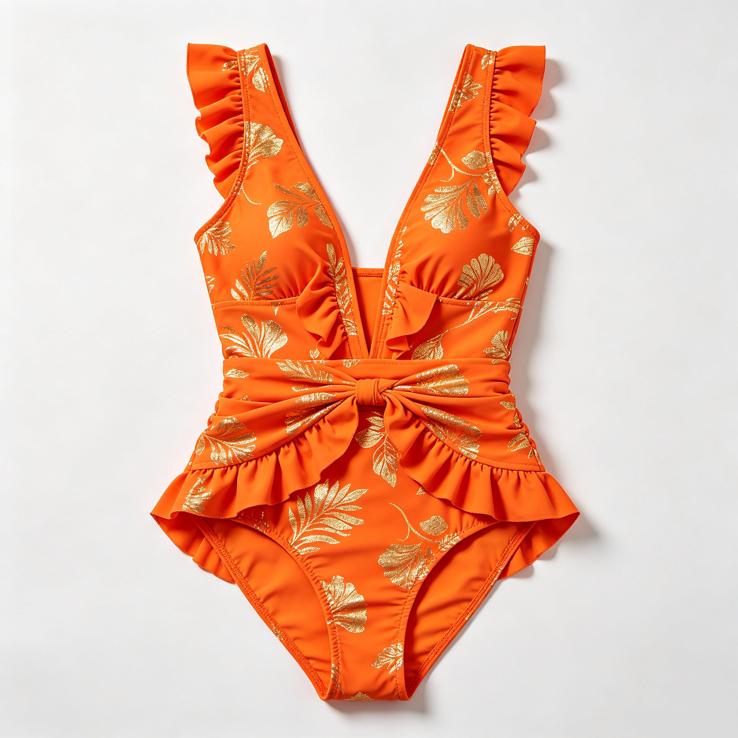 Orange Gold Leaf Ruffle Swimsuit
