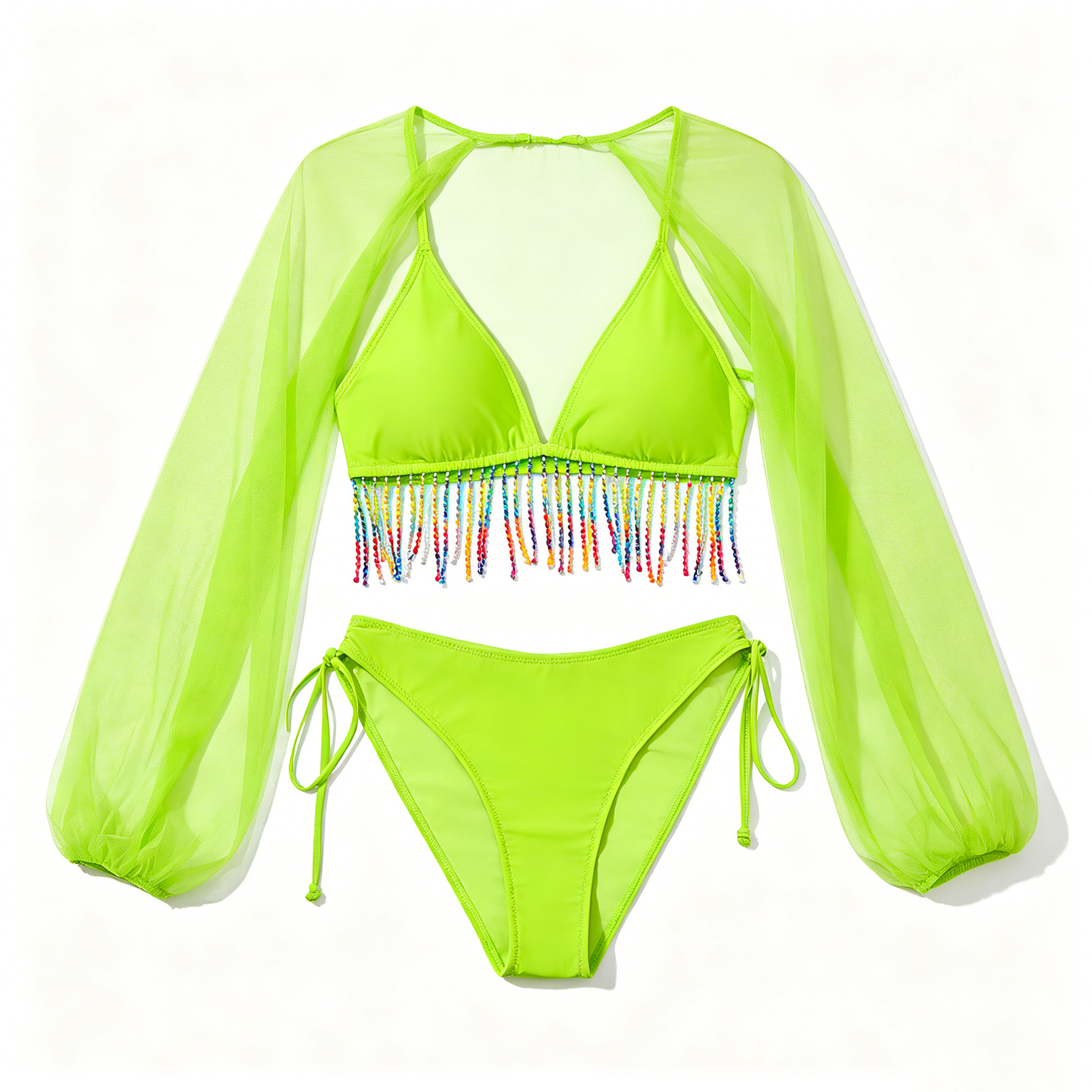 Neon Green Fringe Bikini with Mesh Cover-Up