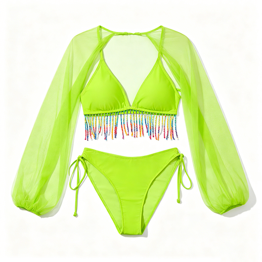 Neon Green Fringe Bikini with Mesh Cover-Up