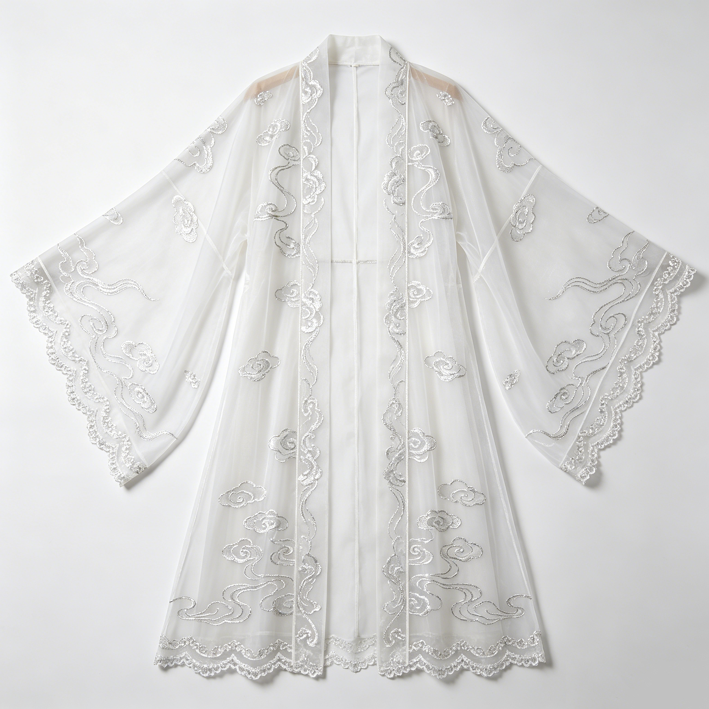 White Cloud Embroidered Wide-Sleeve Kimono