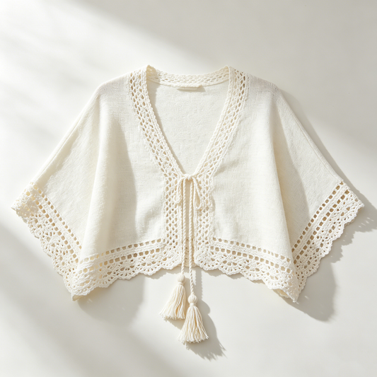 Cream Crochet Tassel Shrug