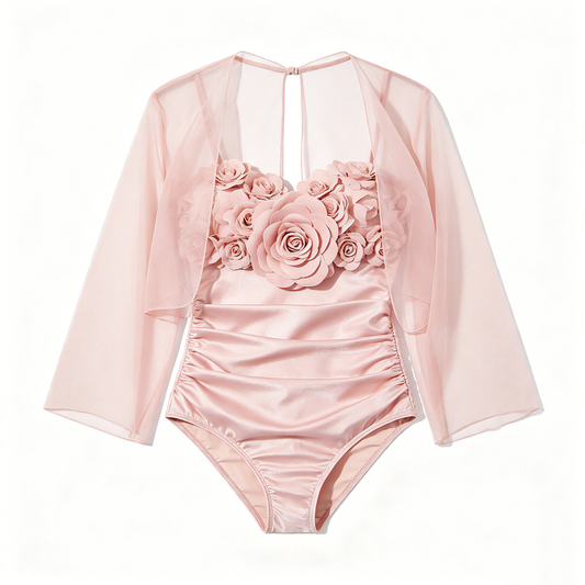 Pink Rose Applique Swimsuit with Mesh Cover-Up