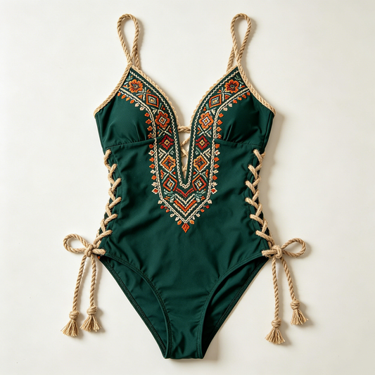 Emerald Boho Embroidered Lace-Up Swimsuit