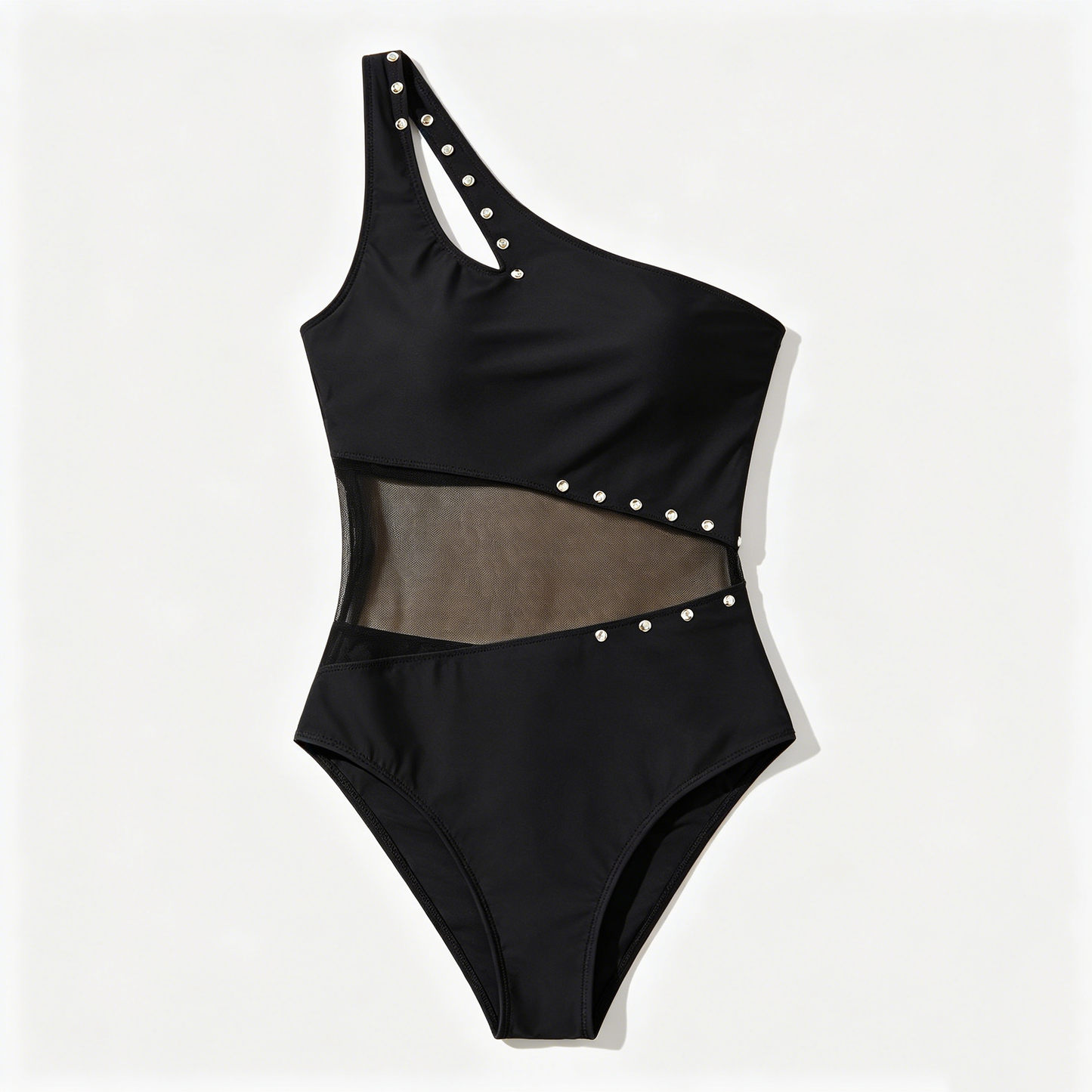 Black One-Shoulder Mesh Cutout Swimsuit