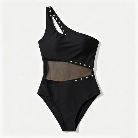 Black One-Shoulder Mesh Cutout Swimsuit