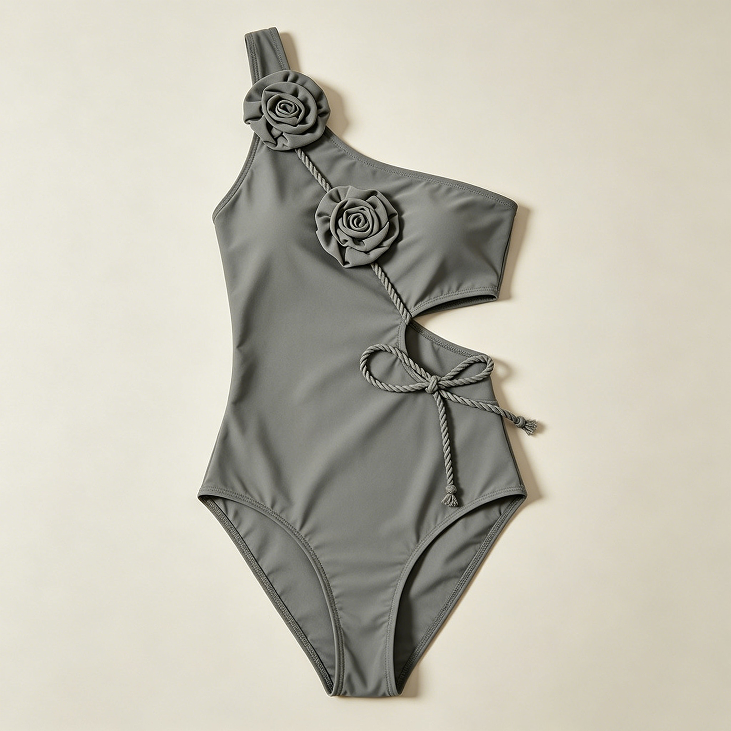 Grey One-Shoulder Rose Applique Swimsuit