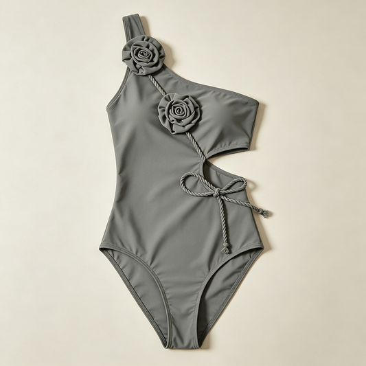 Grey One-Shoulder Rose Applique Swimsuit