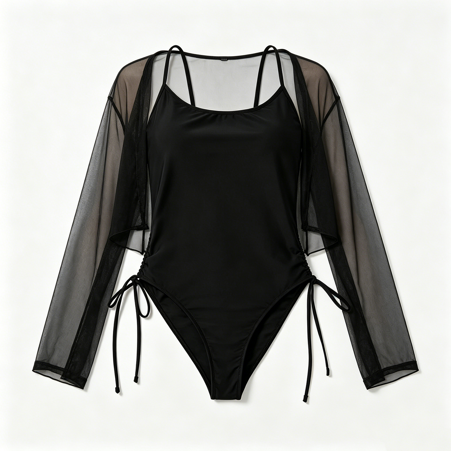 Black Tie-Front Swimsuit with Sheer Cover-Up